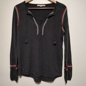 Ann Taylor LOFT Charcoal Grey Long Sleeve Tie Neck Red White Embroidery Top S